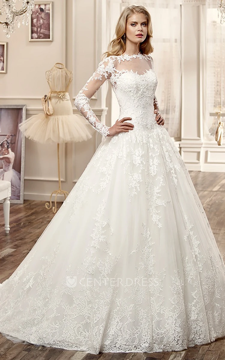 Long-Sleeve A-line Wedding Dress with Brush Train and Appliques