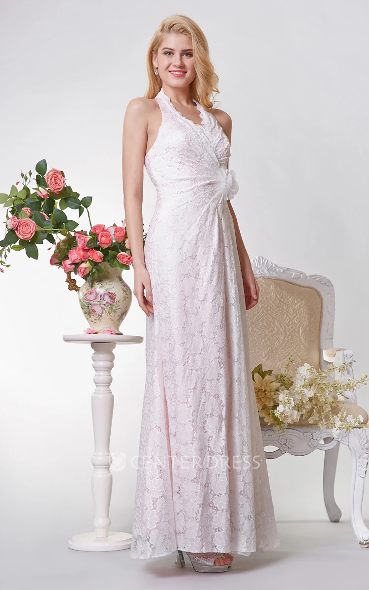 Halter Ruched Long Lace Dress With Flower