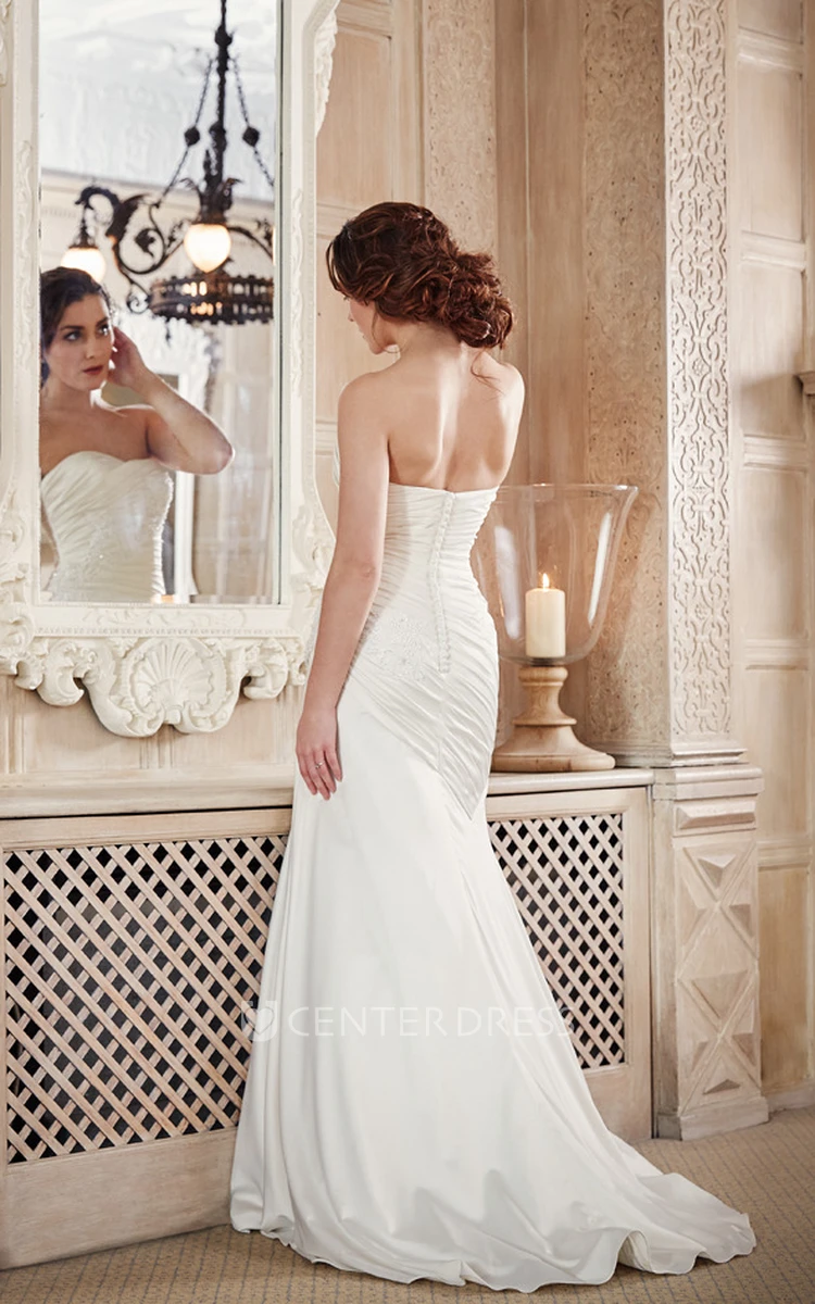 Floor-Length Strapless Ruched Jersey Wedding Dress With Brush Train