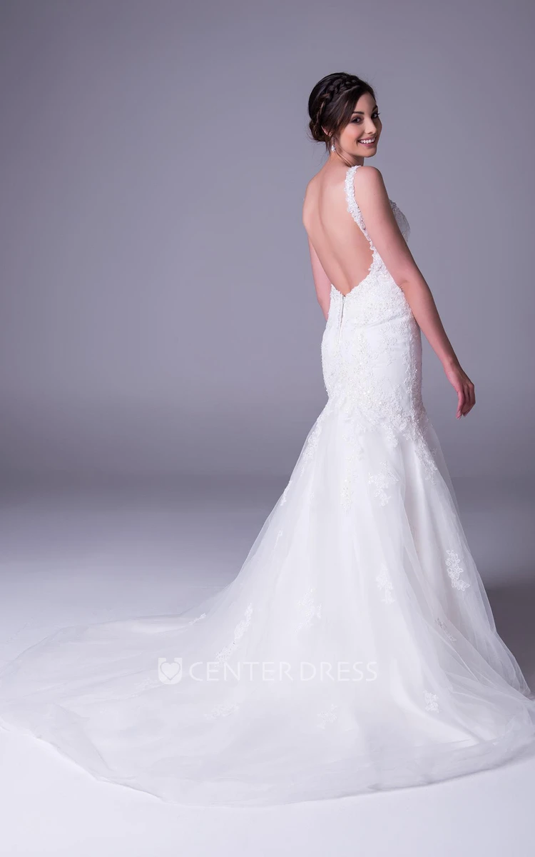 Trumpet Sleeveless Appliqued V-Neck Floor-Length Lace Wedding Dress