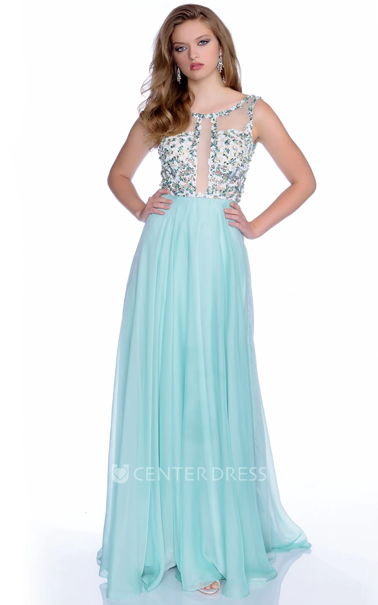 Deep V-Back Chiffon A-Line Sleeveless Prom Dress With Sequined Bodice