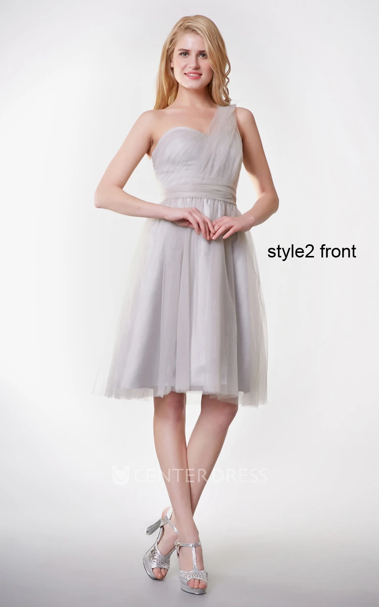 Short Sleeve Pleated Short A-line Tulle Dress With Changeable Ruched Belt