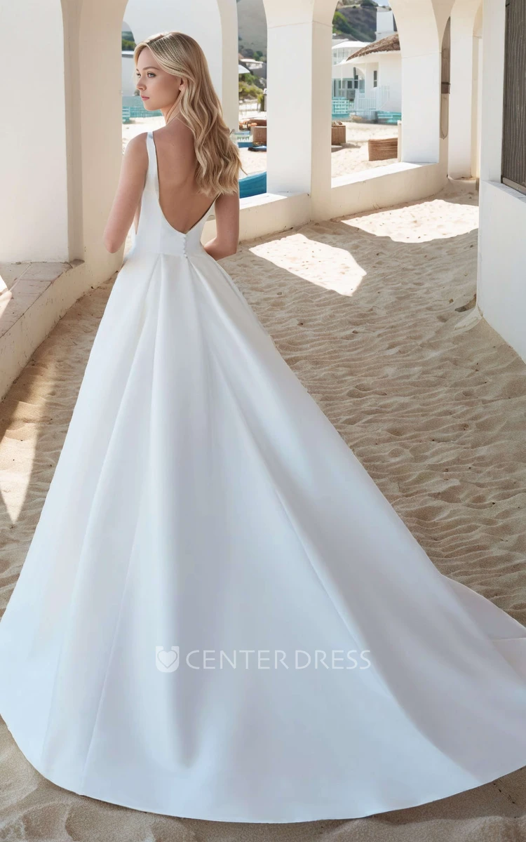 Modest Simple A-Line Satin Ball Gown Wedding Dress Classic Elegant Minimalist Square Neck Backless Bridal Gown with Long Train