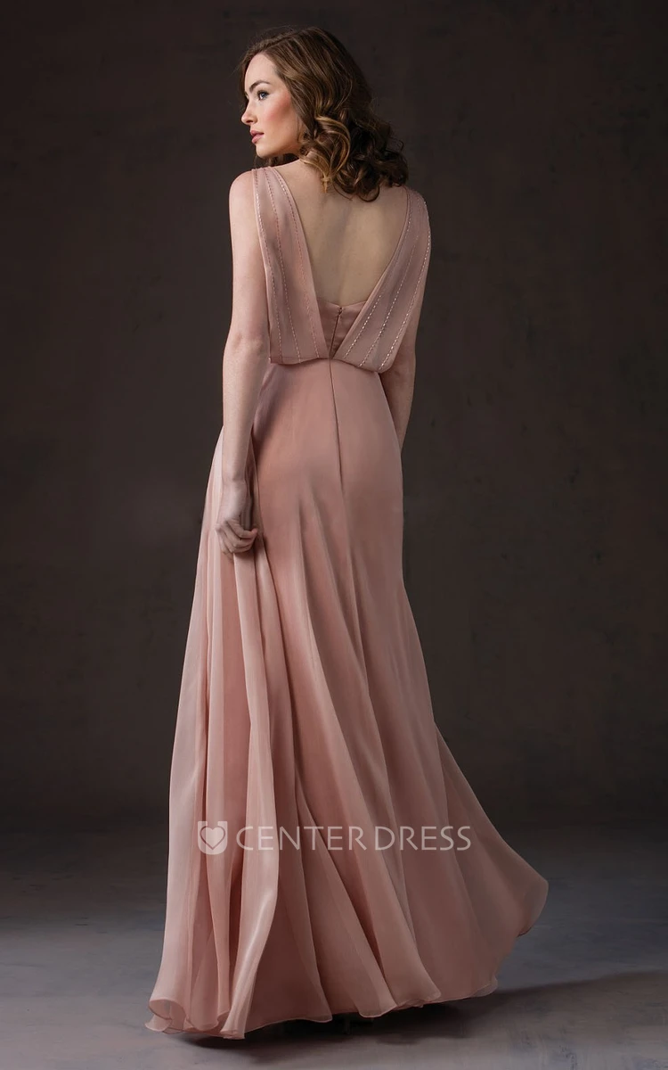 V-Neck Sleeveless A-Line Long Bridesmaid Dress With Crystals And V-Back