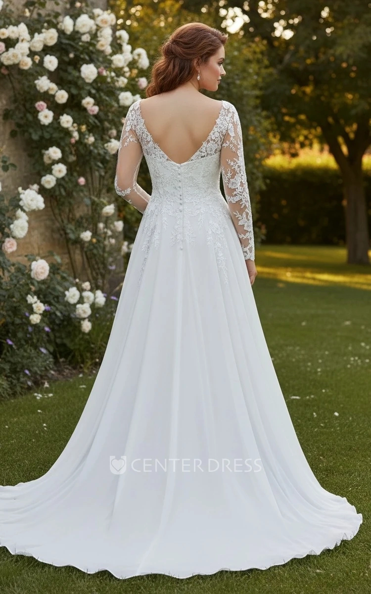 A-Line Plus Size Lace Wedding Dress V-Neck Illusion Long Sleeves Bridal Gown