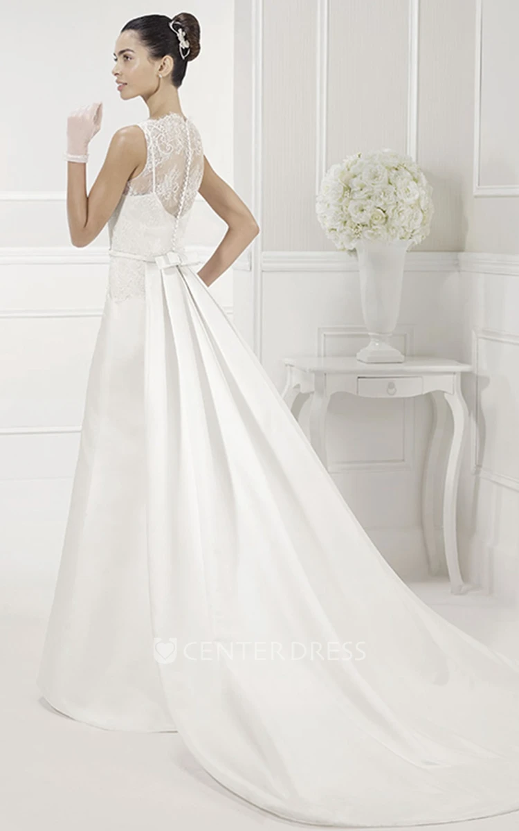 Lace Top Sheath Satin Bridal Gown With Bow Sash