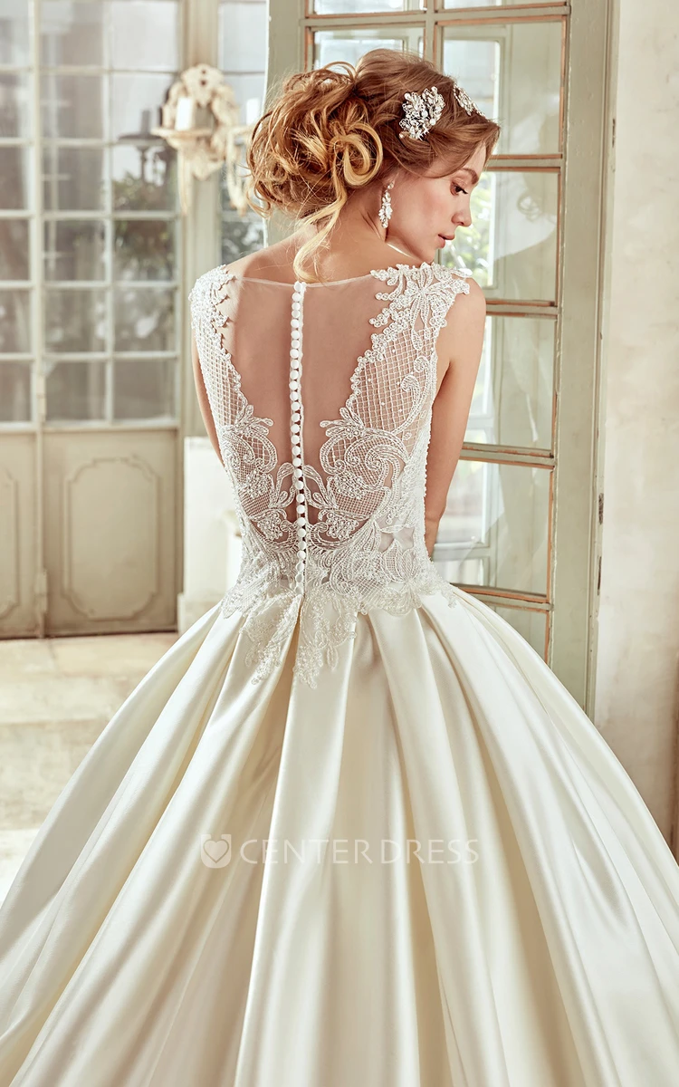 Strap-Neckline A-Line Wedding Dress With Lace Bodice And Satin Skirt