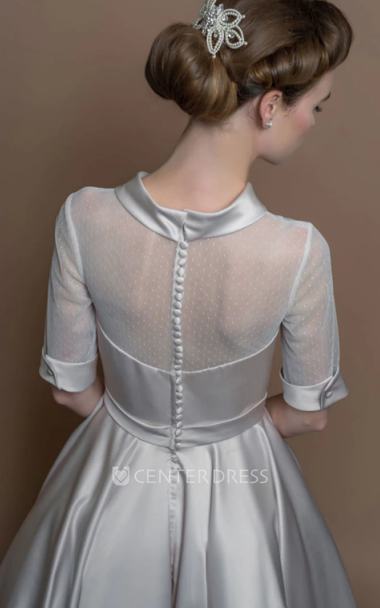A-Line Tea-Length High Neck Sleeveless Satin Wedding Dress With Illusion