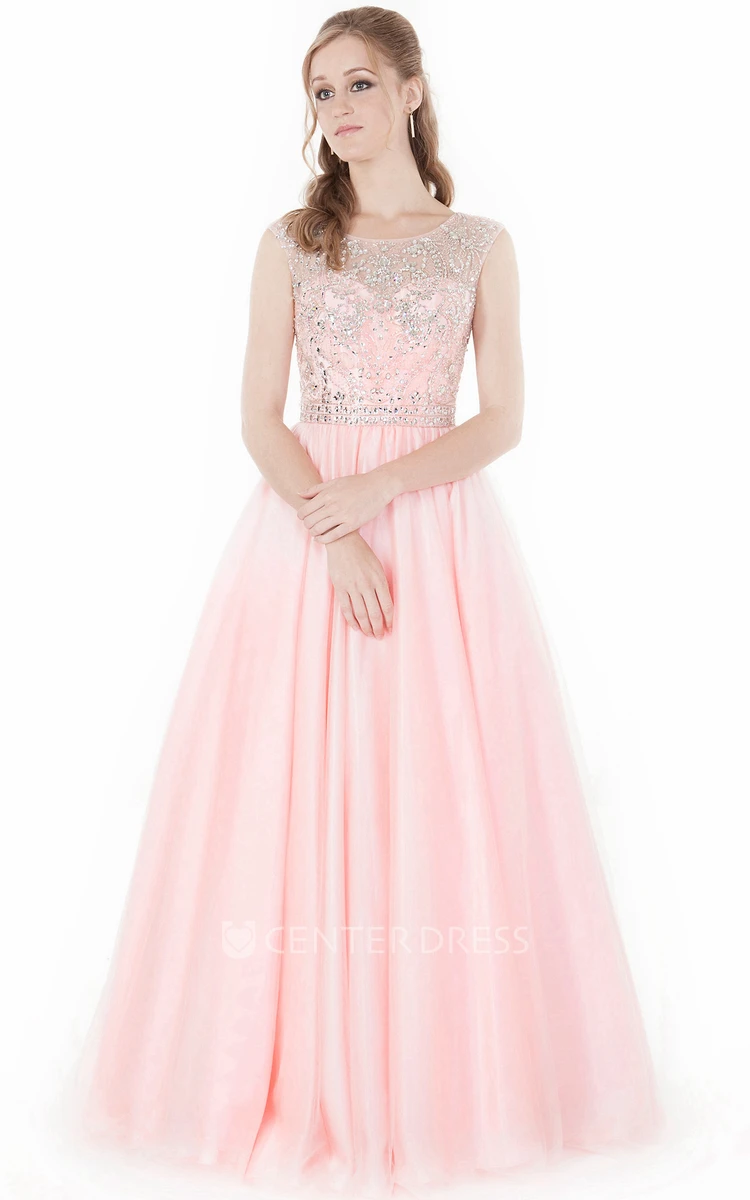 A-Line Beaded Sleeveless Scoop-Neck Floor-Length Tulle&Satin Prom Dress