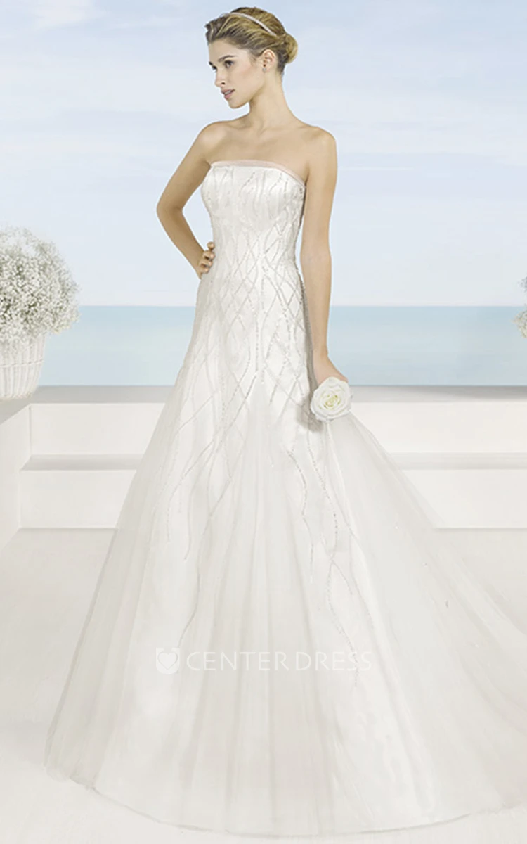A-Line Beaded Sleeveless Strapless Floor-Length Satin Wedding Dress With Court Train