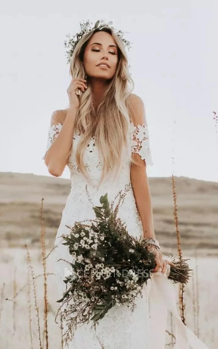Bohemian Country Style Lace Off-the-shoulder Short Sleeve Wedding Dress -  UCenter Dress
