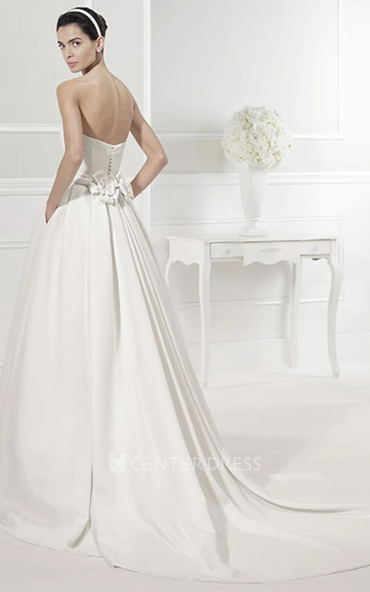Strapless A-line Taffeta Bridal Gown With Flower And Bow Sash