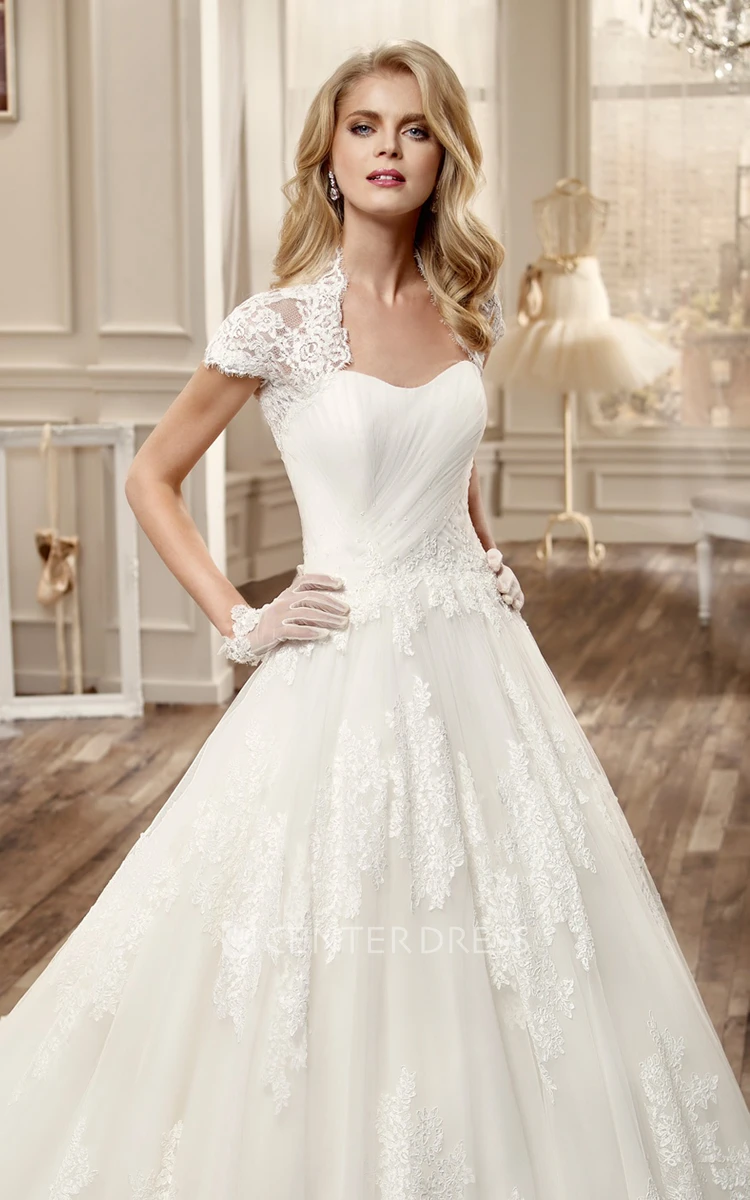 Lace-Applique Long Wedding Dress With T-Shirt Sleeve And Brush Train