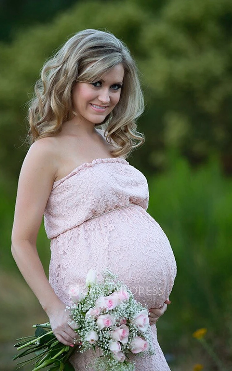 A-line Lace Strapless Sleeveless Ruched Maternity Dress