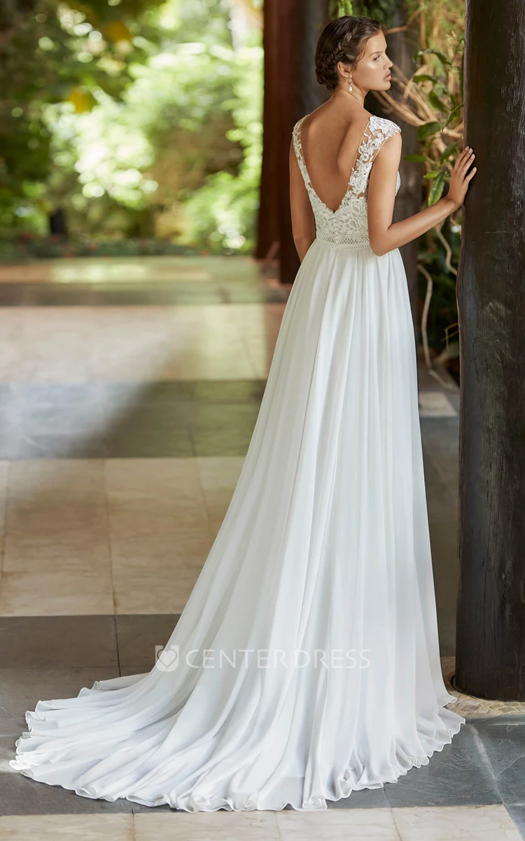 Chiffon Deep V-back Ethereal Cap Sleeve And Court Train Lace Wedding Dress