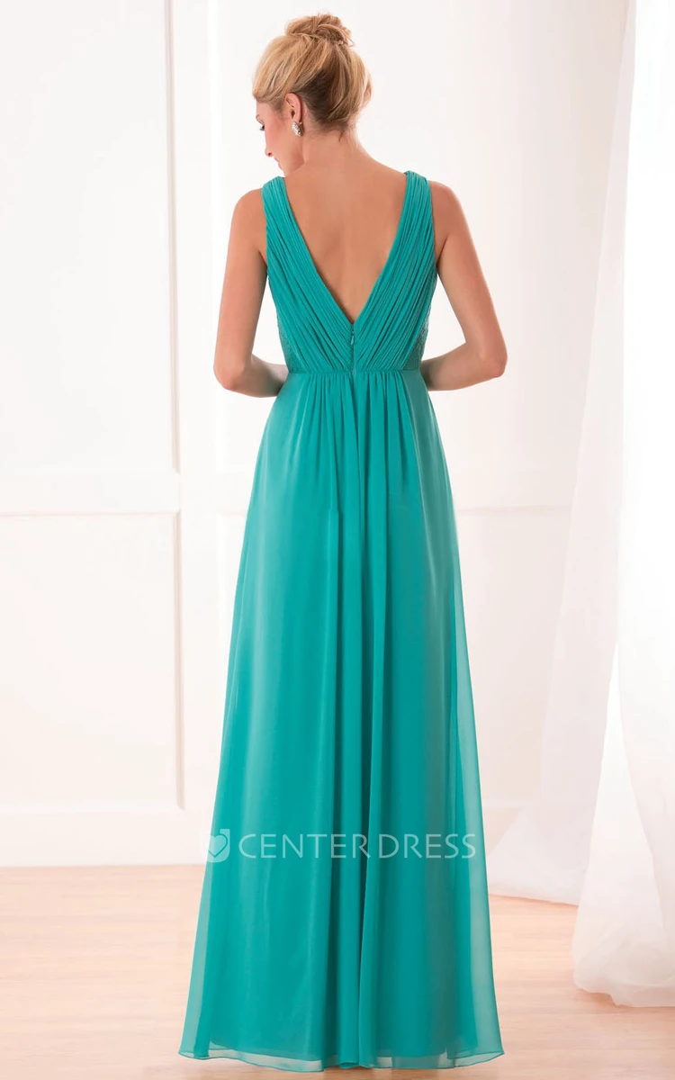 Sleeveless A-Line Bridesmaid Dress With Lace Detail And V-Back