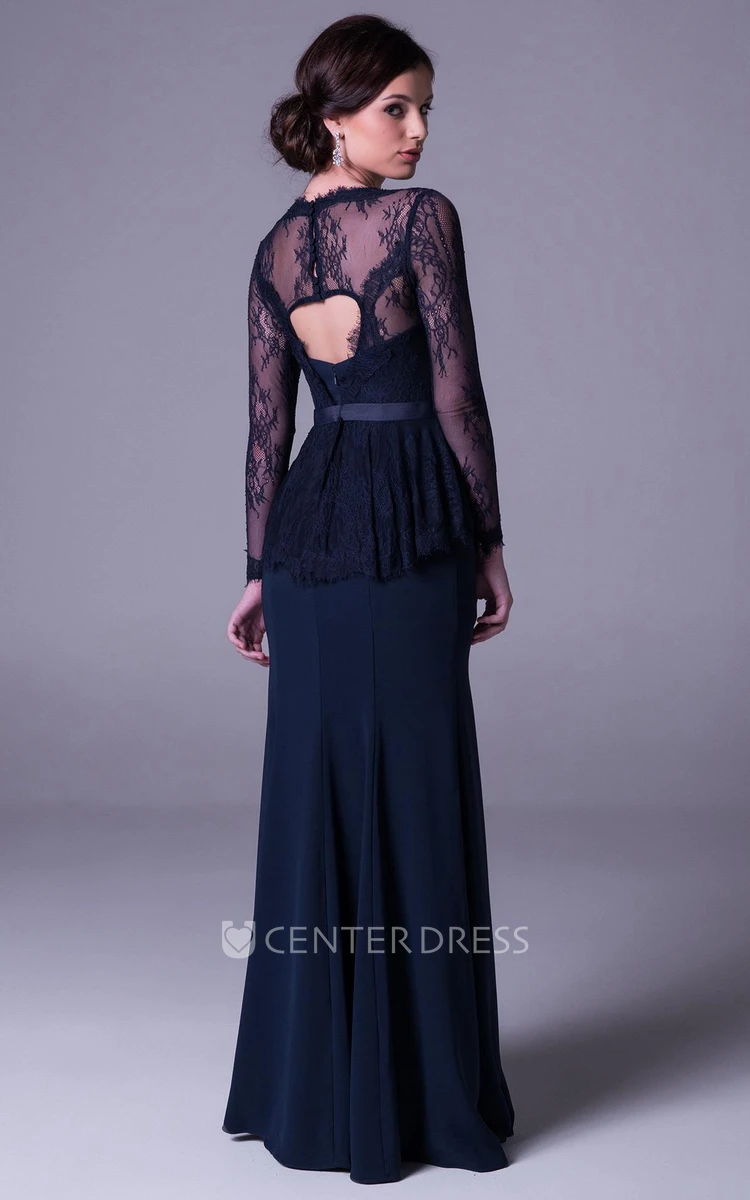 Sheath Long-Sleeve Long Lace Square-Neck Prom Dress With Broach