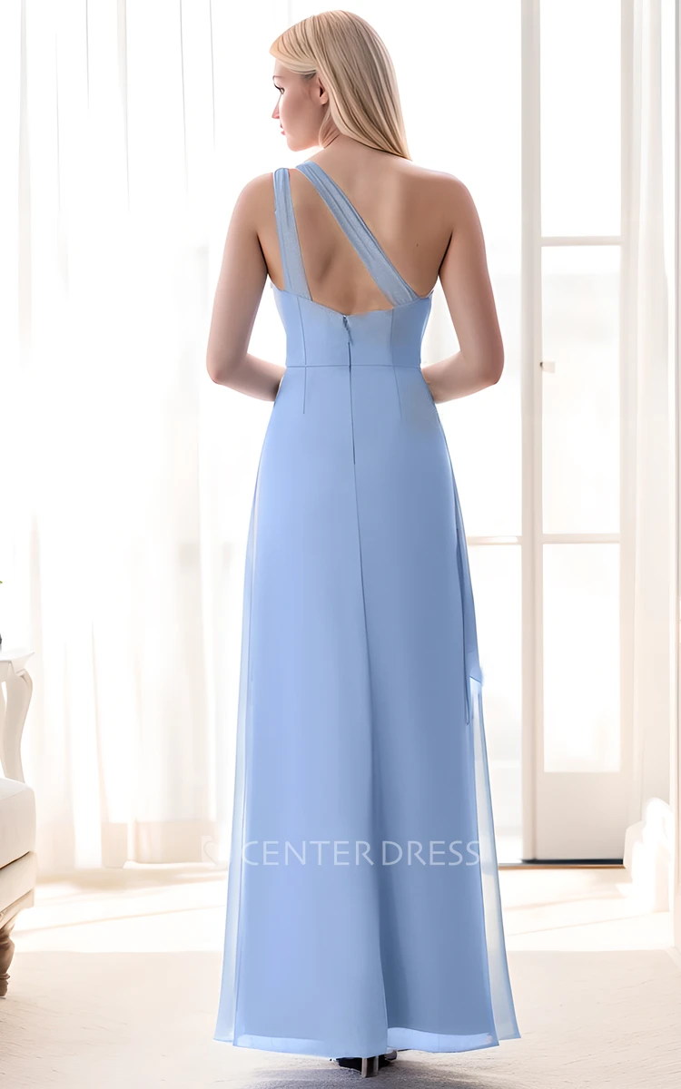 Blue Modest Sheath Ruffle Chiffon Maxi Bridesmaid Dress with Split Front Simple Casual One-Shoulder Zipper Back Dress