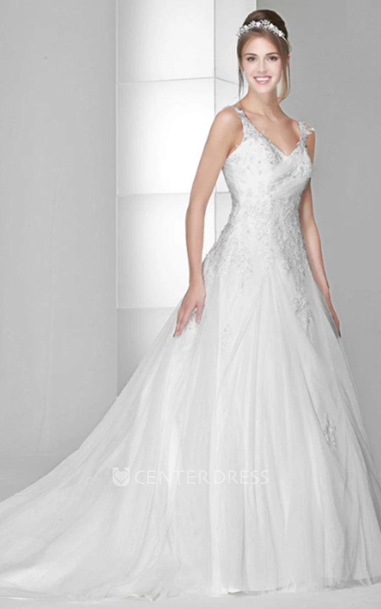 Ball Gown Floor-Length V-Neck Sleeveless Beaded Tulle&Satin Wedding Dress With Appliques