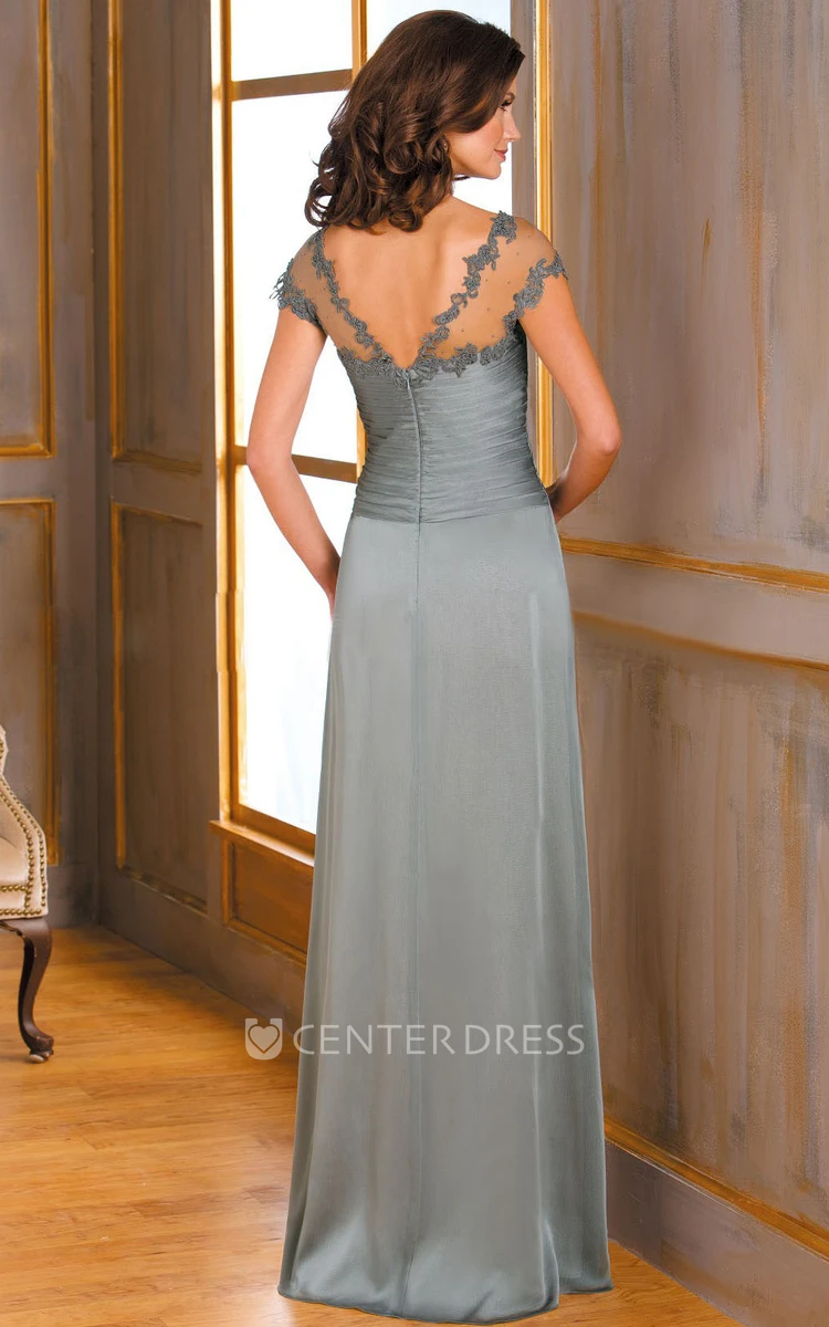 MOB Cap-Sleeved Long Mother Of The Bride Dress With Ruffles And Illusion Appliqued Neck