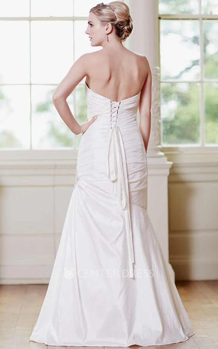 Mermaid Strapless Taffeta Wedding Dress With Side Draping And Lace Up