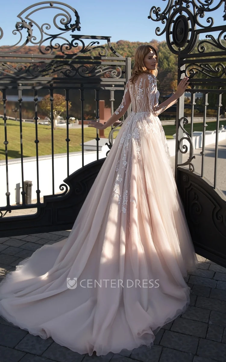 Ethereal A Line Ball Gown Floor-length Long Sleeve Tulle Wedding Dress with Appliques