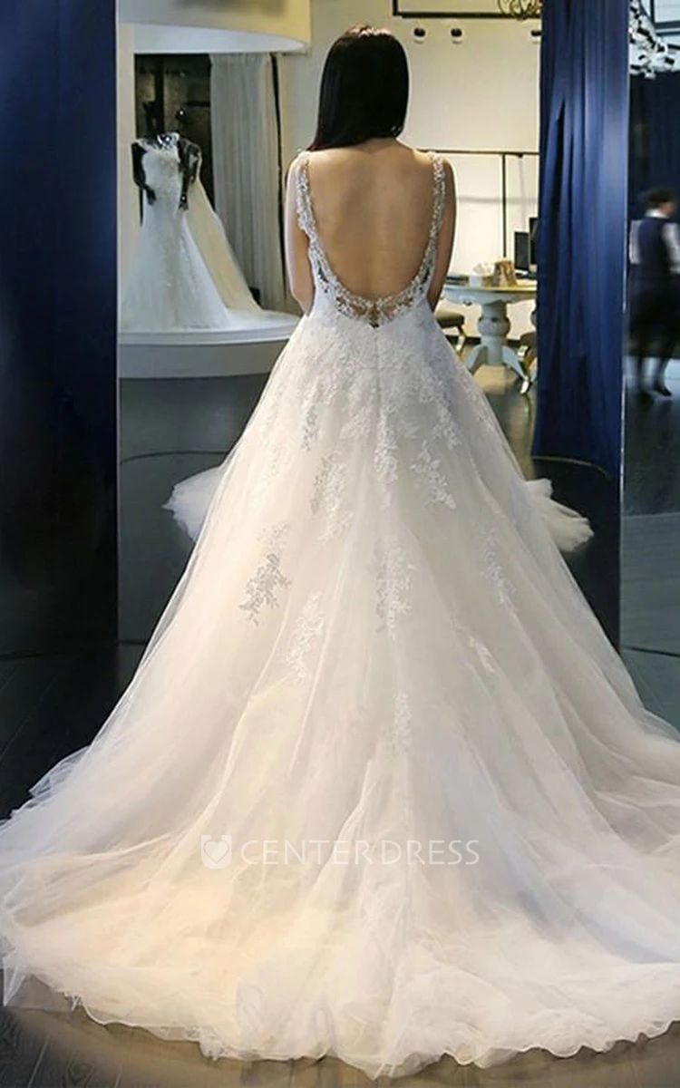 Ball Gown Sweetheart Lace Tulle Deep-V Back Wedding Dress