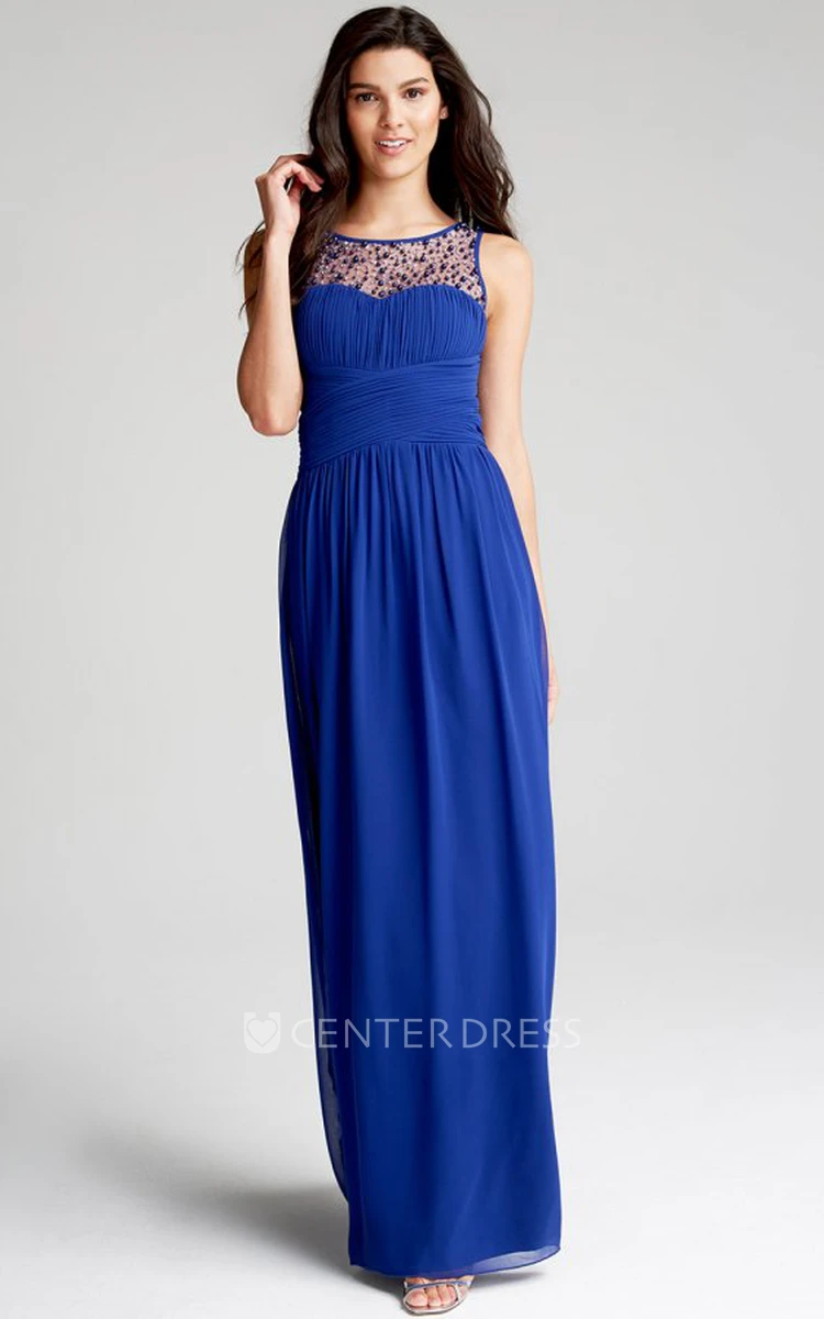 Scoop Floor-Length Beaded Chiffon Bridesmaid Dress With Ruching And Straps
