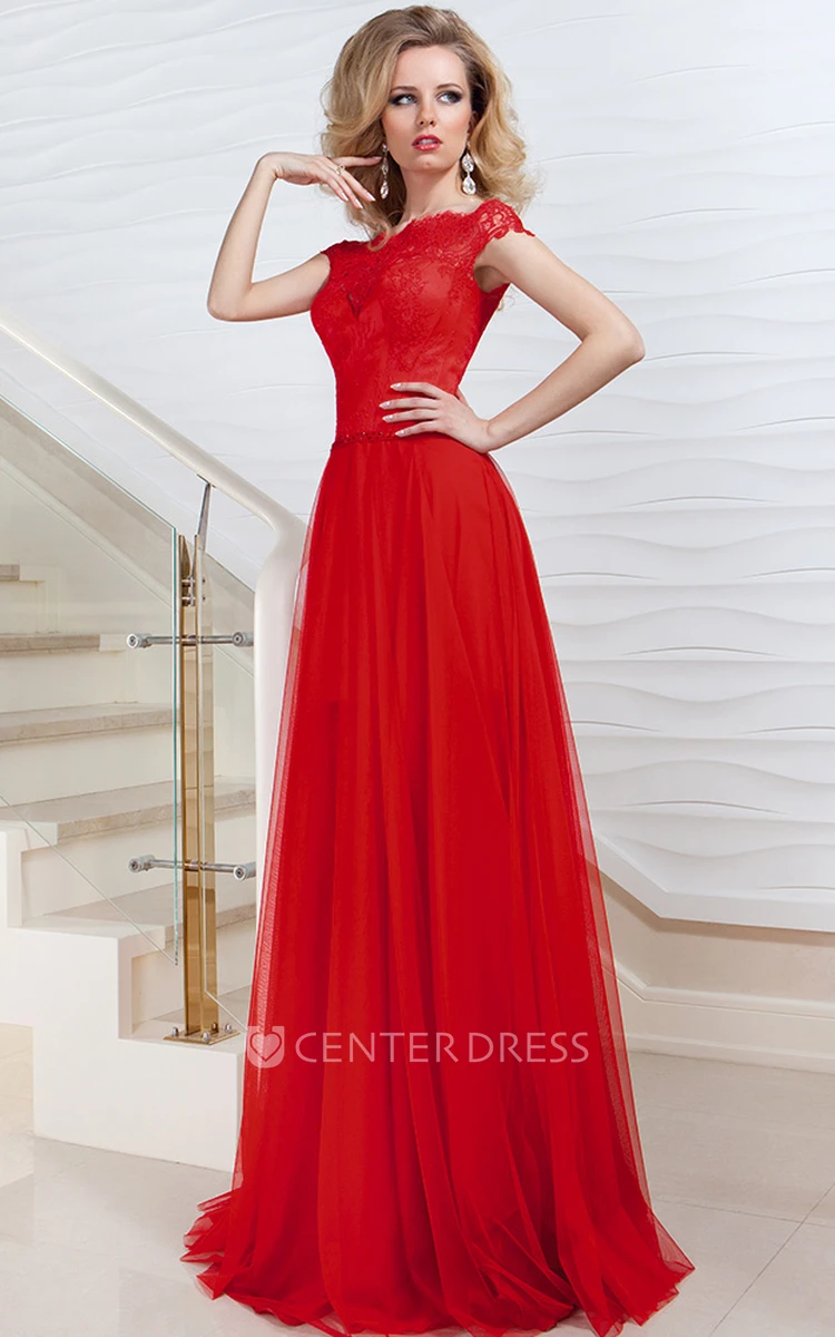 A-Line Long Bateau Cap-Sleeve Pleated Tulle&Lace Prom Dress With Low-V Back