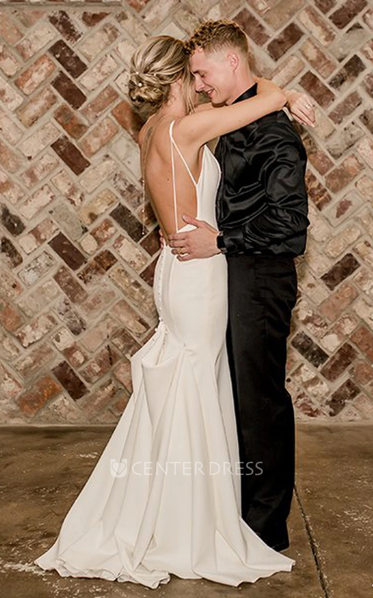  A-Line Satin Simple Wedding Dress With V-neck And Brush Train