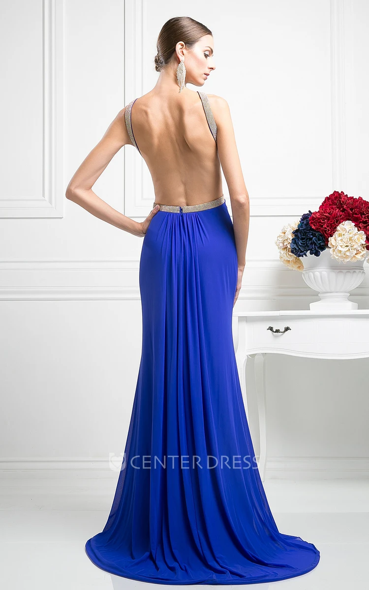 Sheath Long Scoop-Neck Sleeveless Chiffon Backless Dress With Split Front And Pleats