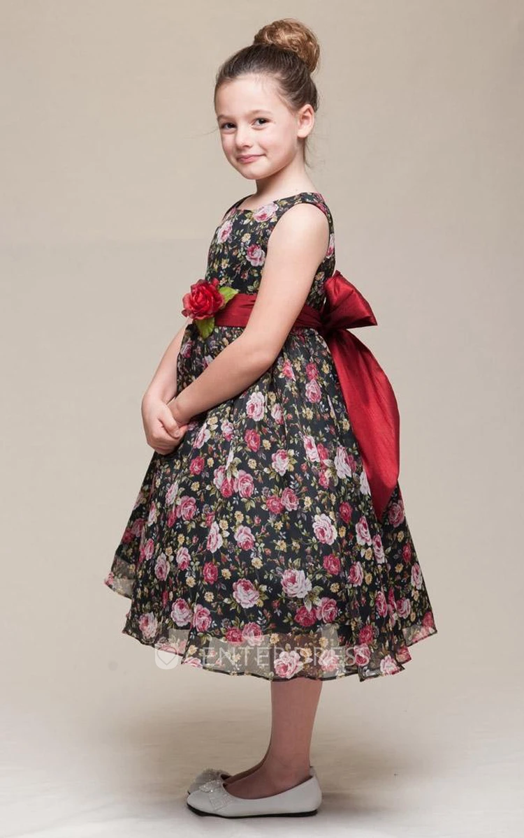 Tea-Length Tiered Chiffon&Satin Flower Girl Dress