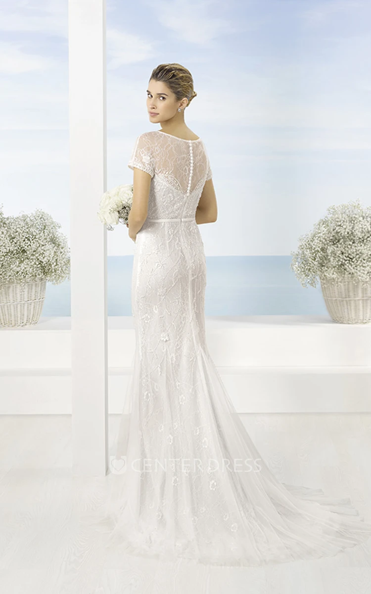 Floor-Length Scoop Lace Short-Sleeve Tulle Wedding Dress