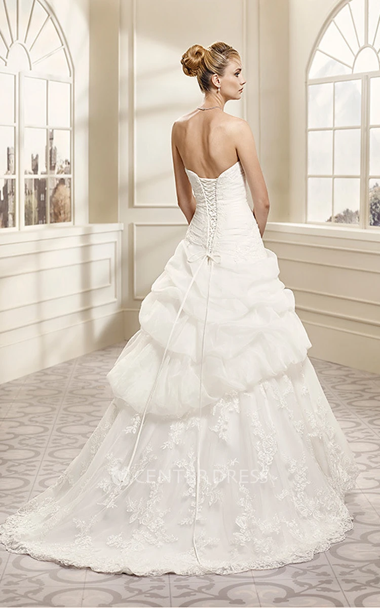 Ball Gown Strapless Appliqued Organza Wedding Dress With Pick Up And Lace Up