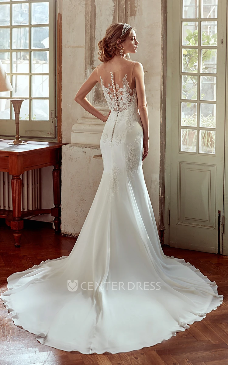 Sweetheart Sheath Gown With Lace Appliques And Illusive Neckline