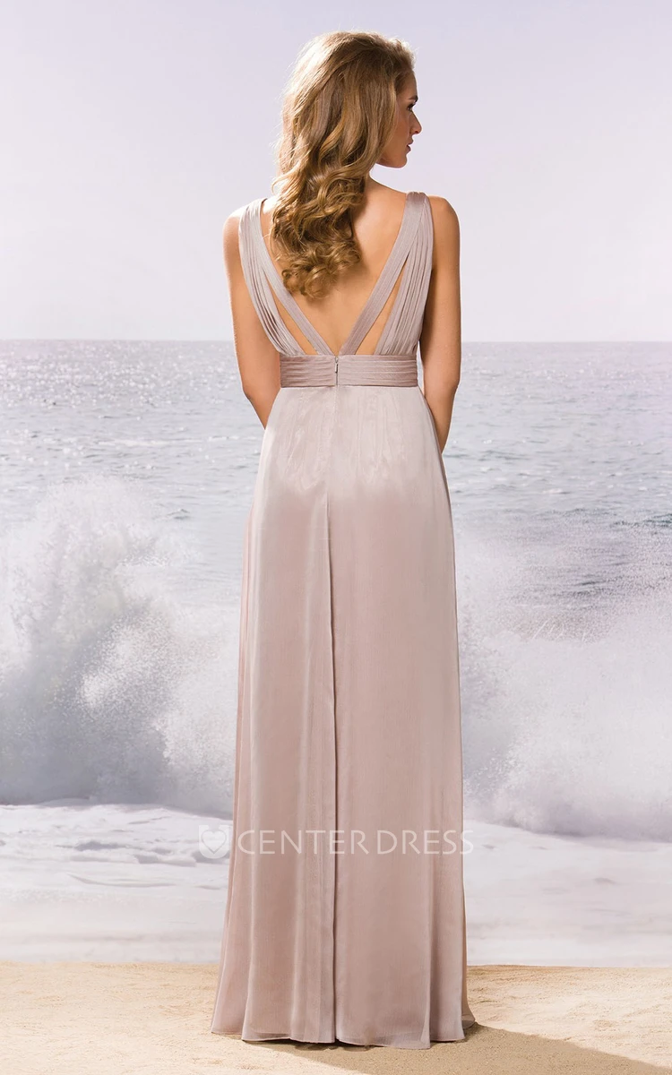 Sleeveless V-Neck Floor-Length Bridesmaid Dress With Knot Detail