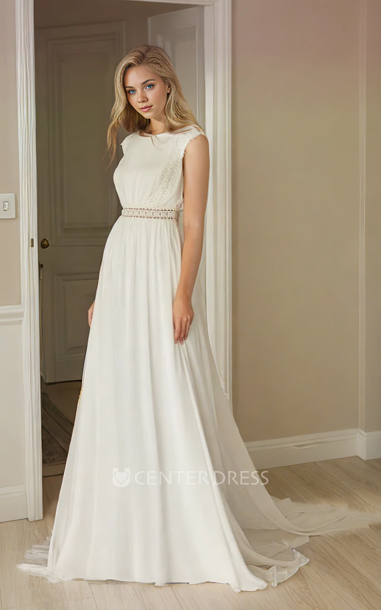 Boho Elegant Chiffon Lace A-Line Jewel Neck Wedding Dress Modest Vintage Sleeveless Floor-length with Draping Train Button Illusion Back Bridal Gown