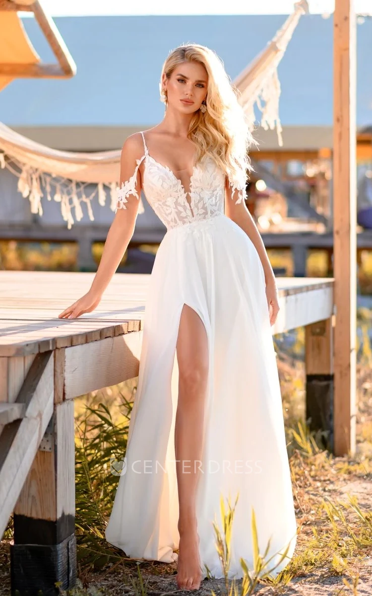 A-Line Sexy Front Split Deep V-Neck Spaghetti And Off The Shoulder Strap Chiffon Beach Wedding Dress With Applique