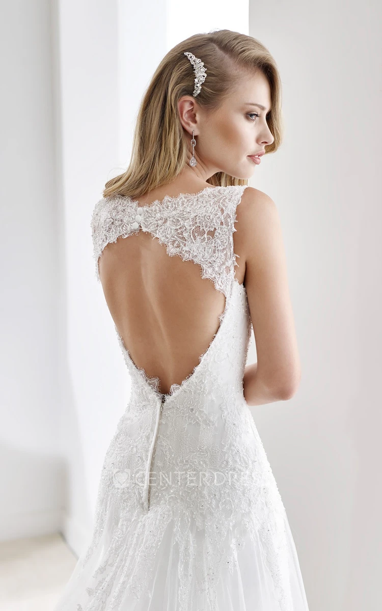 V-neck Sheath Lace Wedding Gown with Beaded Details and Open Back