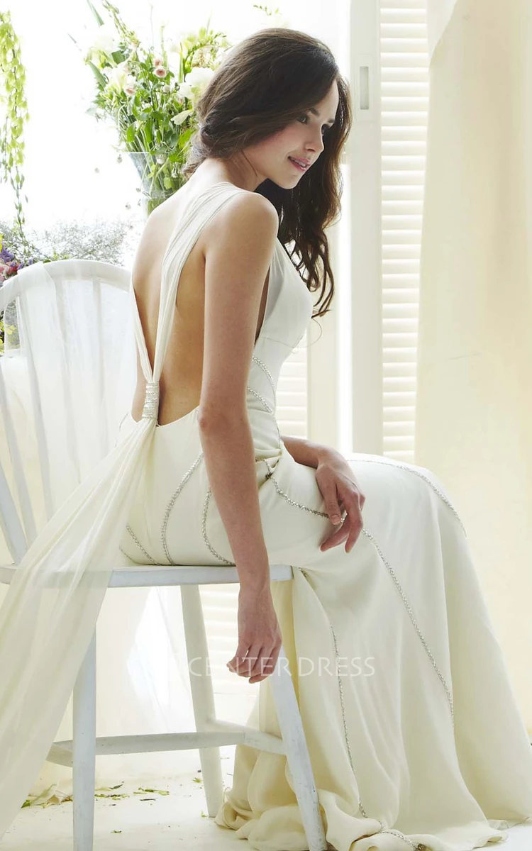 Sheath V-Neck Sleeveless Long Chiffon Wedding Dress With Low-V Back