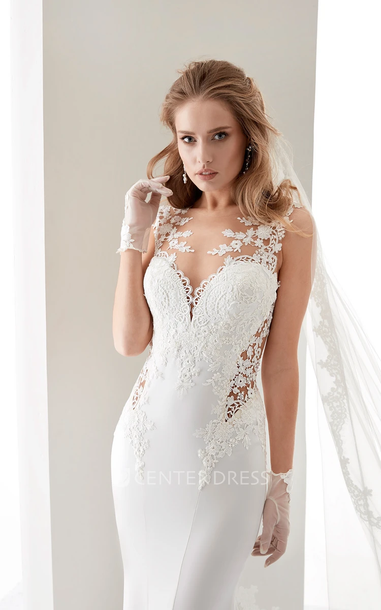 Sweetheart Brush-Train Sheath Gown With Appliques Straps And Illusion Details