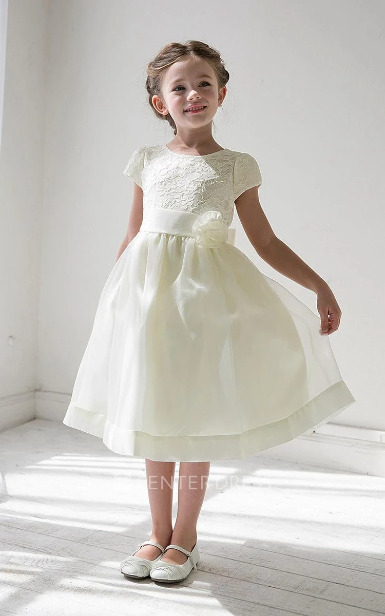 Tea-Length Tiered Floral Lace&Organza Flower Girl Dress With Sash