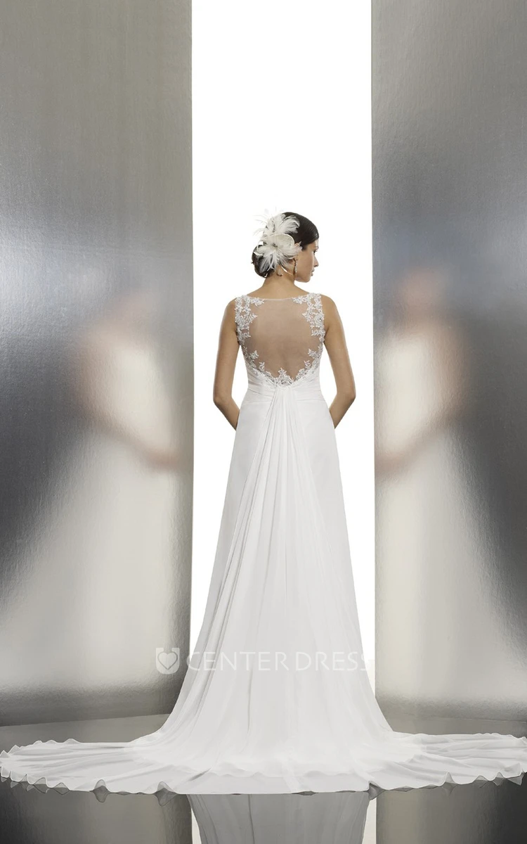 Long V-Neck Ruched Chiffon Wedding Dress With Court Train And Illusion