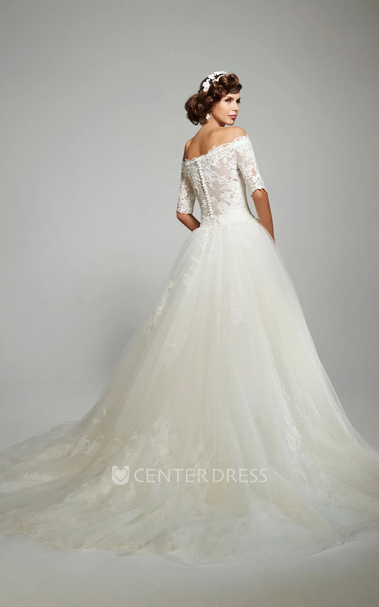 Ball Gown Off-The-Shoulder Appliqued Short Sleeve Tulle Wedding Dress