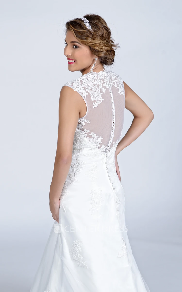 Lace A-Line Sleeveless Jewel Neck Wedding Dress With Illusion Back