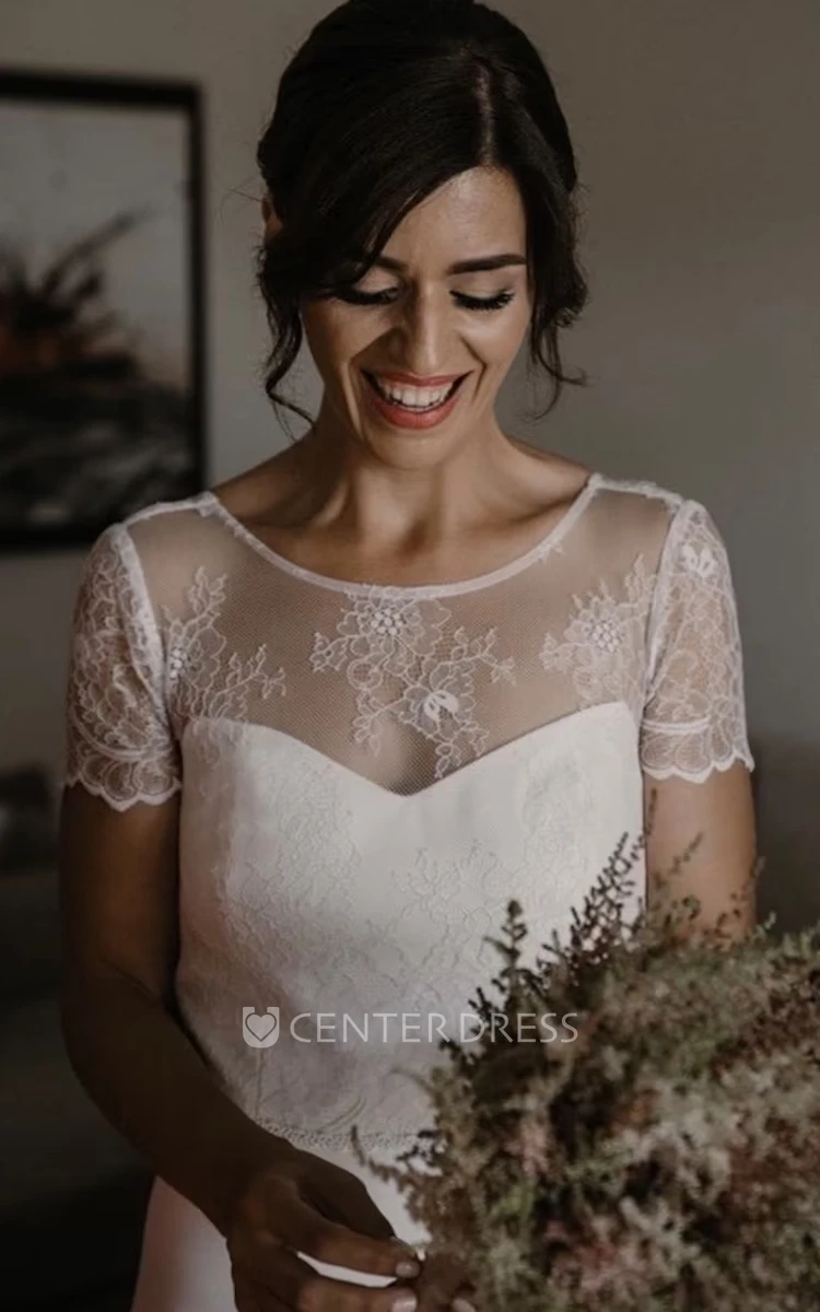 Elegant Casual Bohemian Lace Wedding Dress Simple Minimalist Jewel Neckline Floor Length Bridal Gown with Low Back