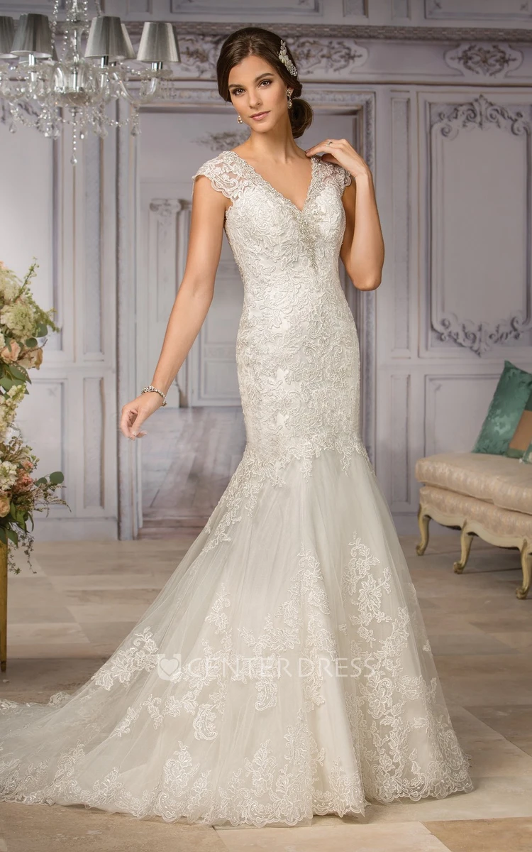 Cap-Sleeved V-Neck Mermaid Gown With Appliques And Illusion Back