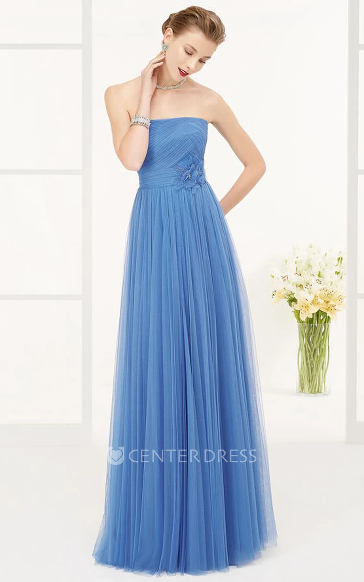 Strapless A-line Tulle Long Dress With Waist Flower And Pleats