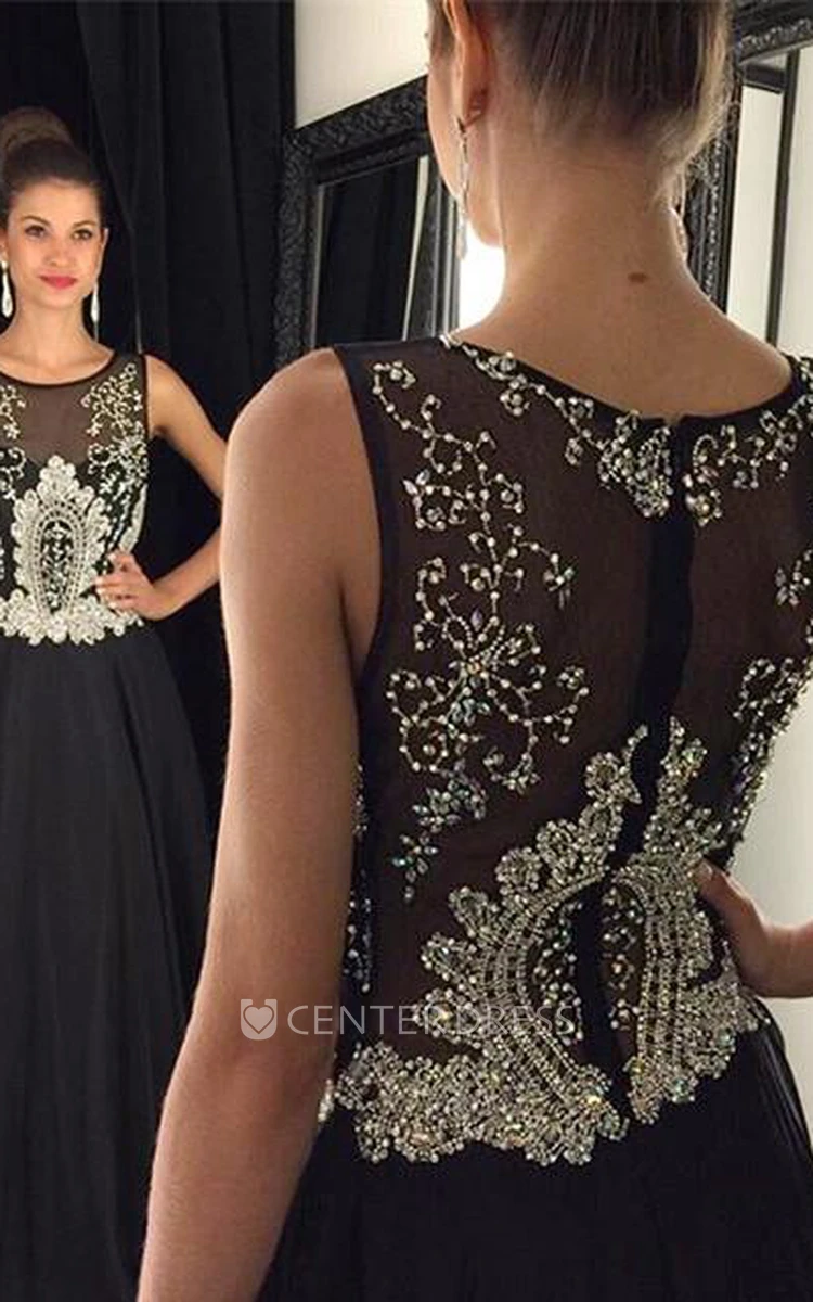 Newest Black Beadings A-line Evening Dress Illusion Zipper Sleeveless