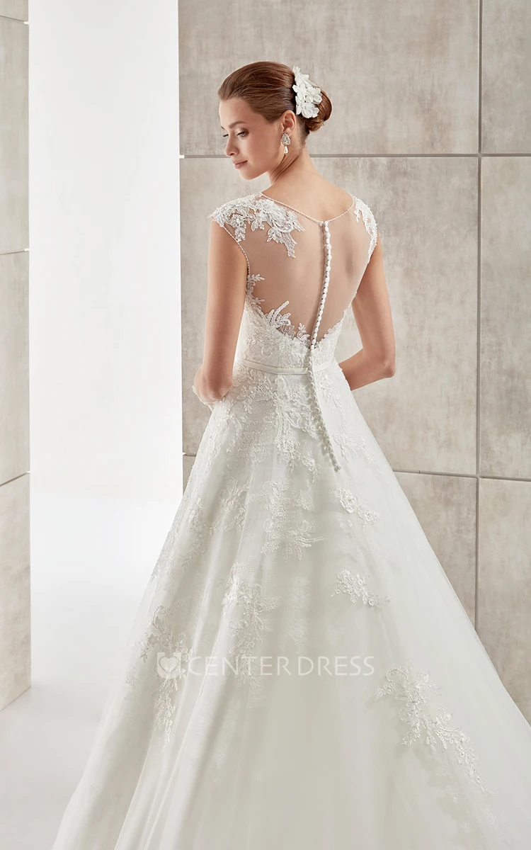 Jewel-Neck Cap-Sleeve A-Line Long Wedding Dress With Illusive Design And Appliques